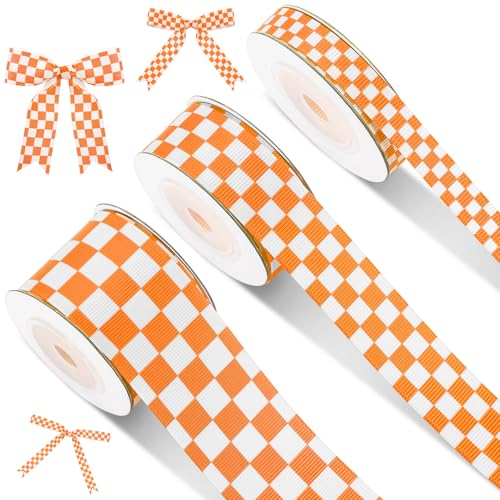 Cunno 3 Rollen orange und weiß kariertes Band Ripsband bedrucktes Band Rennwagen-Thema gedruckt kariert kariert Büffel für DIY Handwerk Kranz Party, 0,4 cm, 2,2 cm, 3,8 cm breit, 12,7 m von Cunno