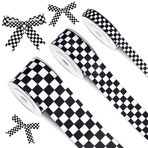 Cunno 3 Rollen schwarz-weiß kariertes Ripsband, 0,4 cm, 2,2 cm, 3,8 cm breit, 13,7 m (kariert), perfekt für Bastelarbeiten, Kränze, Partys von Cunno