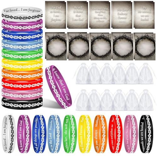 Cunno 50 Sets Oster-Partygeschenke, Dornenkrone, Silikon-Armband mit Gebetskarte, christliche Gummi-Armbänder, religiöses Geschenk-Set für Ostereierfüller, Geschenke, Korbfüller, Zubehör Cunno 50 Sets Oster-Partygeschenke, Dornenkrone, Silikon-Armband mit Gebetskarte, christliche Gummi-Armbänder, religiöses Geschenk-Set für Ostereierfüller, Geschenke, Korbfüller, Zubehör von Cunno