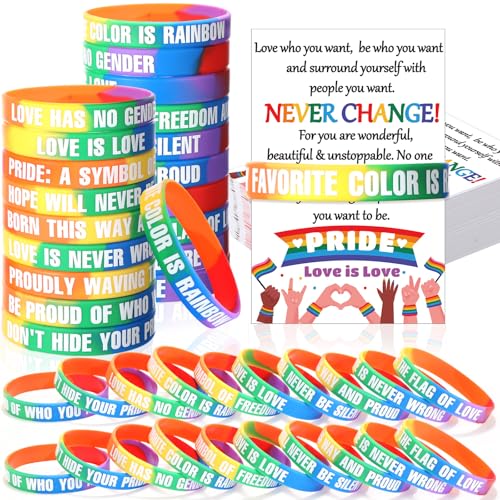 Cunno LGBTQ Silikon-Armbänder mit Gay-Pride-Design, Geschenkpackung mit inspirierendem Geschenk, Grußkarten, Regenbogen-Gummi-Armbänder für Lesben, Stolz, Party, Gastgeschenke, Zubehör, Paraden von Cunno