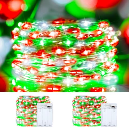 Curyidy Weihnachts-Lichterkette, rot, grün, weiß, Kupferdraht, 2 Stück, 100 LEDs, wasserdicht, Twinkle Lights für Weihnachten, Schlafzimmer, Garten, Terrasse, Außendekoration, rot, weiß, grün von Curyidy