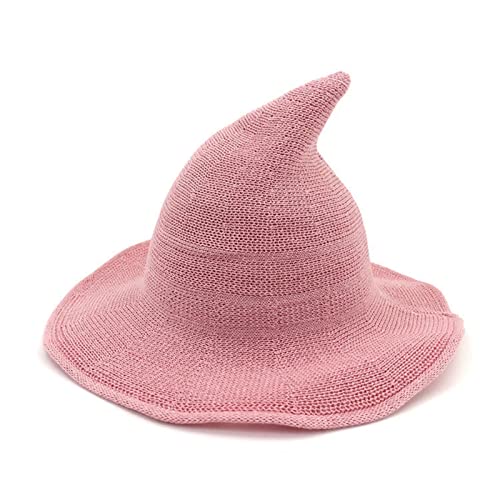 Cusghjbsg Hexenhut für Erwachsene und Kinder, kreativer Spire-Wollstrick, Eimerkappe, faltbar, breiter Rand, Zaubererkappe, exquisit, lustig, Halloween, Cosplay, Hut (Baumwollgarn, Rosa, Erwachsene) von Cusghjbsg