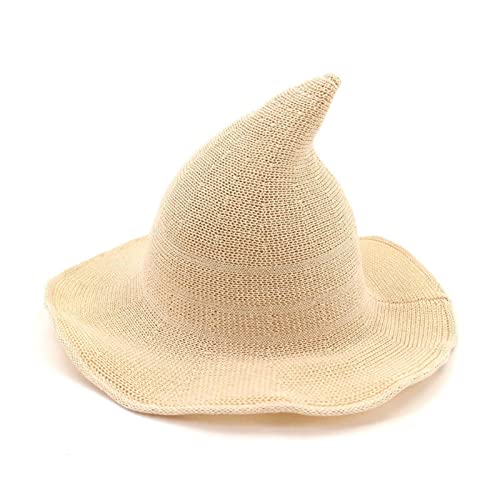 Cusghjbsg Hexenhut für Erwachsene und Kinder, kreativer Spire-Wollstrick, Eimerkappe, faltbar, breiter Rand, Zauberermütze, exquisit, lustig, Halloween-Cosplay-Hut (Baumwollgarn, Beige, Erwachsene) von Cusghjbsg