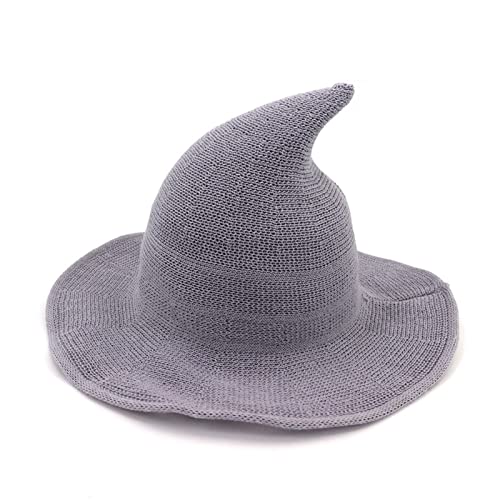 Cusghjbsg Hexenhut für Erwachsene und Kinder, kreativer Spire-Wollstrick, Eimerkappe, faltbar, breiter Rand, Zauberermütze, exquisit, lustig, Halloween-Cosplay-Hut (Baumwollgarn, Grau, Erwachsene) von Cusghjbsg