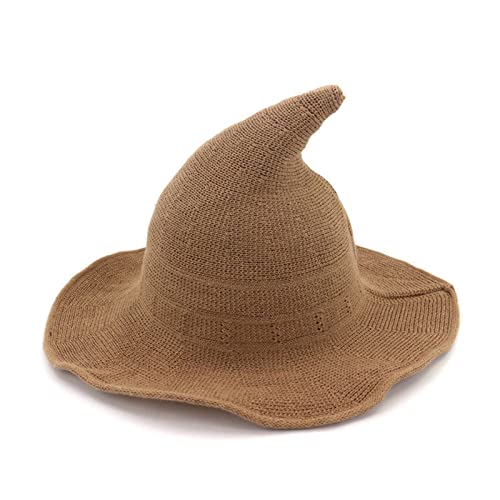 Cusghjbsg Hexenhut für Erwachsene und Kinder, kreativer Spire-Wollstrick, Eimerkappe, faltbar, breiter Rand, Zauberermütze, exquisit, lustig, Halloween-Cosplay-Hut (Baumwollgarn, Khaki, Erwachsene) von Cusghjbsg