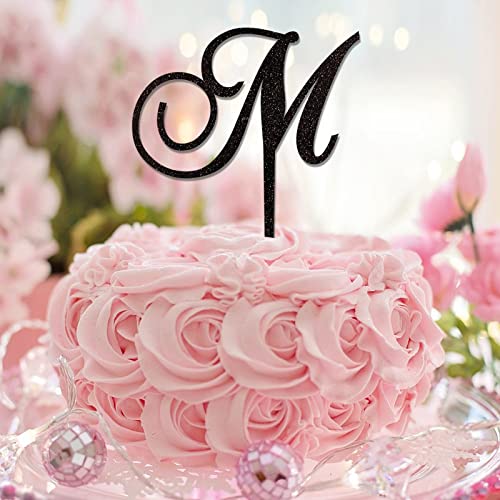 Buchstabe M Cake Topper Monogramm Initiale Name Glitzer Schwarz für Hochzeit Geburtstag Party Dekorationen Strand Wiederverwendbar Kranz Floral Brautdusche Geschenke für Kinder oder Erwachsene von CustonCares