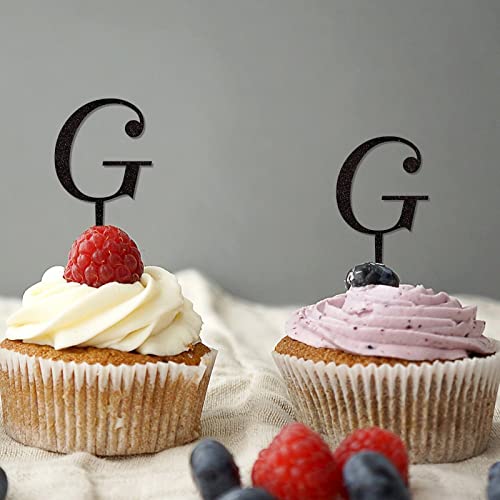 Cupcake-Topper mit Buchstabe G, Monogramm, Initiale, Nachname, Glitzer, schwarz, für Hochzeitstag, Party-Dekorationen, rustikale Zweige, Blatt, personalisierbar, 26 Buchstaben, Verlobungsgeschenke, 6 von CustonCares