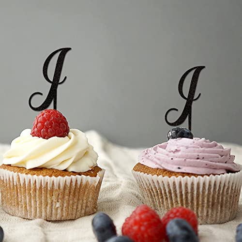 Cupcake-Topper mit Buchstabe J, Monogramm, Initiale, Nachname, Glitzer, schwarz, für Hochzeitstag, Party-Dekorationen, rustikaler wiederverwendbarer Kranz, Blumenmuster, personalisierbar von CustonCares