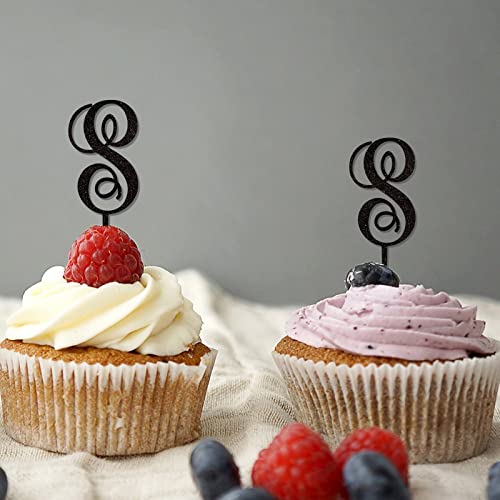 Cupcake-Topper mit Initiale S, für Hochzeit, Buchstabe, Monogramm, Name, Glitzer, schwarz, für Hochzeitstag, Party-Dekorationen, Retro, wiederverwendbar, Blumenkranz, Blumenmuster, für jede Initiale Cupcake-Topper mit Initiale S, für Hochzeit, Buchstabe, Monogramm, Name, Glitzer, schwarz, für Hochzeitstag, Party-Dekorationen, Retro, wiederverwendbar, Blumenkranz, Blumenmuster, für jede Initiale von CustonCares
