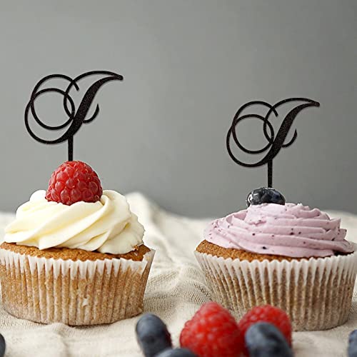 Cupcake-Topper mit Monogramm-Buchstabe J, Initiale, einzelner Buchstabe, Glitzer, schwarz, für Hochzeit, Verlobung, Party, Dekorationen, romantisch, wiederverwendbar, Blumenkranz, personalisierbar von CustonCares