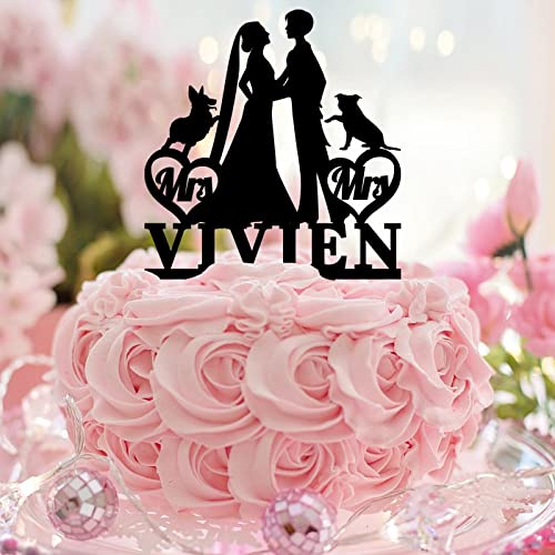Hochzeitsdekoration, rustikale Braut- und Braut-Hochzeitstortenaufsatz mit Hund, Katze, Silhouette, LGBT, personalisierbar, Name, Datum, Kuchendekoration, Hochzeitsgeschenke, Acryl, Schwarz von CustonCares