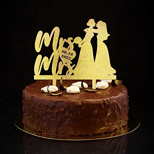 Hochzeitstortenaufsätze für Bräute, glitzernd, goldfarben, Braut und Braut, Silhouette, 2 Frauen, Hochzeitsparty-Zubehör, individuelle Paare, Namen, Datum, Lesbisches Paar, Geschenke Hochzeitstortenaufsätze für Bräute, glitzernd, goldfarben, Braut und Braut, Silhouette, 2 Frauen, Hochzeitsparty-Zubehör, individuelle Paare, Namen, Datum, Lesbisches Paar, Geschenke von CustonCares