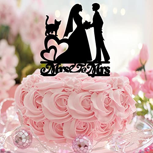 Mrs & Mrs Hochzeitstortenaufsatz, Acryl, schwarz, mit Hund, Katze, Silhouette, Strand, 2 Bräute, Kuchendekoration, LGBT, Hochzeit, Verlobung, Party, Dekoration, personalisierter Name, Datum, Lesben von CustonCares