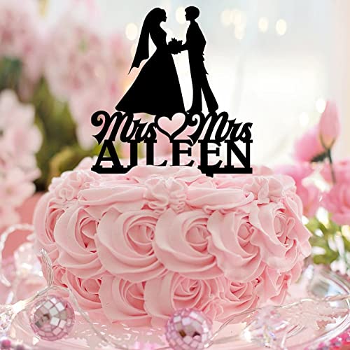 Mrs & Mrs Hochzeitstortenaufsatz, Acryl, schwarze Silhouette, romantische 2 Bräute, Kuchendekoration, zwei Frauen, Hochzeitstortendekoration, individueller Name, Hochzeit, Datum, Lesbisches Paar von CustonCares