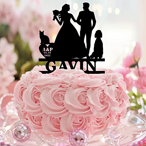 Romantischer Tortenaufsatz "Mr and Mrs", rustikal, für Hochzeit, Verlobung, Silhouette, Acryl, schwarz, mit Hund, Katze, Braut und Bräutigam, personalisierter Name, Datum, für Hochzeit, Verlobung von CustonCares