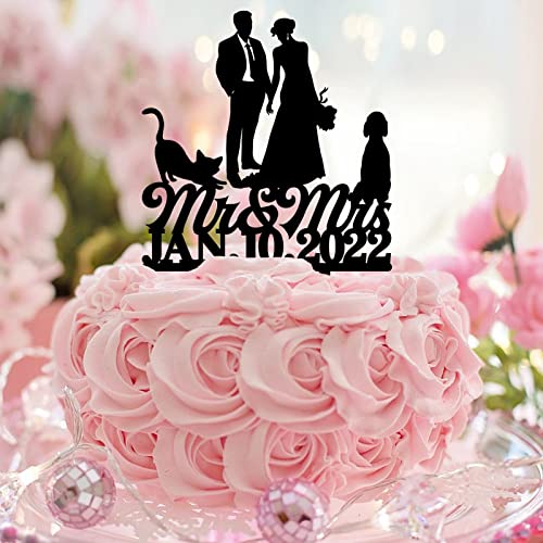 Rustikale Hochzeitskuchenaufsätze "Mr & Mrs", Silhouette, Acryl, Schwarz mit Hund, Katze, Braut und Bräutigam, personalisierbare Paare, Namen, Hochzeit, Verlobung, Kuchendekoration, Hochzeitsgeschenke von CustonCares