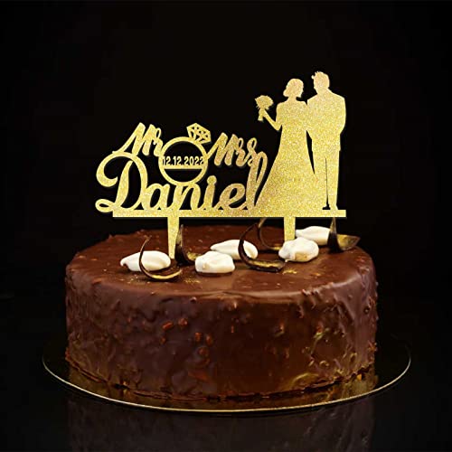 Rustikale Tortenaufsätze mit Aufschrift "Mr & Mrs", Silhouette, Glitzer, goldfarben, Brautpaar, personalisierbar, Familienname, Datum, für Hochzeit, Verlobung, Party, Verlobungsgeschenk für Paare Rustikale Tortenaufsätze mit Aufschrift "Mr & Mrs", Silhouette, Glitzer, goldfarben, Brautpaar, personalisierbar, Familienname, Datum, für Hochzeit, Verlobung, Party, Verlobungsgeschenk für Paare von CustonCares