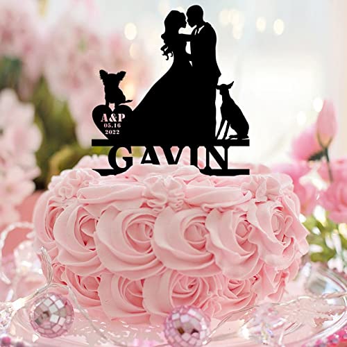 Rustikale Tortenaufsatz, Motiv: "Mr & Mrs", Silhouette mit Hund, Katze, Braut und Bräutigam, personalisierbar, für Paare, Hochzeit, Jahrestag, Party, Hochzeitsgeschenk, Acryl, Schwarz von CustonCares
