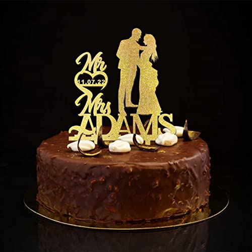 Rustikaler Tortenaufsatz "Mr & Mrs", Silhouette, Glitzer, goldfarben, Brautpaar und Brautpaar, personalisierbar, Familienname, Datum, für Verlobung, zukünftige Braut, Kuchendekoration Rustikaler Tortenaufsatz "Mr & Mrs", Silhouette, Glitzer, goldfarben, Brautpaar und Brautpaar, personalisierbar, Familienname, Datum, für Verlobung, zukünftige Braut, Kuchendekoration von CustonCares