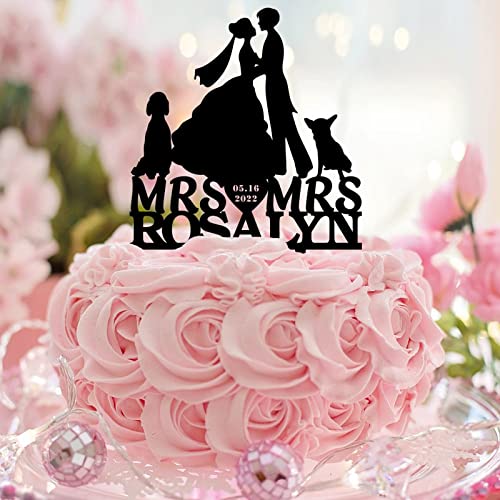 Tortenaufsatz "Mrs and Mrs", Acryl, schwarz, mit Hund, Katze, Silhouette, 2 Bräute, 2 Frauen, Hochzeit, Party, Zubehör, personalisierter Name, Datum, Lesbisches Paar, Geschenke von CustonCares