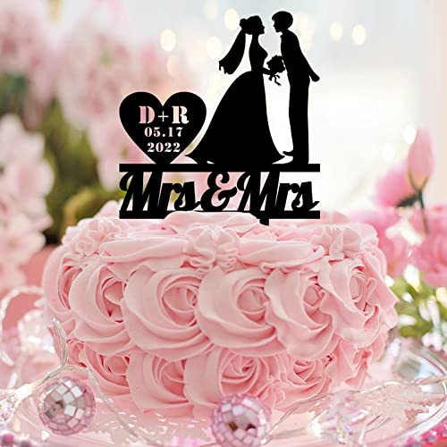 Tortenaufsatz "Mrs and Mrs", Acryl, schwarze Silhouette, Retro, Braut und Braut, LGBTQ, Hochzeitsfeier, Gastgeschenke, individueller Name, Hochzeit, Datum, Lesbisches Paar von CustonCares