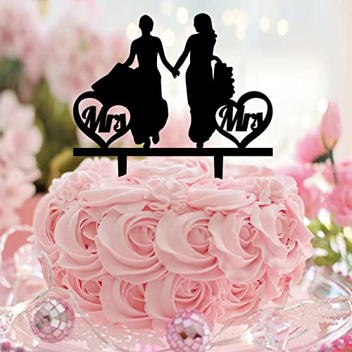 Tortenaufsatz für Bräute, personalisierter Name, Hochzeit, Datum, Silhouette, zwei Bräute, Kuchendekoration, Romantik, 2 Frauen, Hochzeitsgeschenk, Acryl, Schwarz von CustonCares