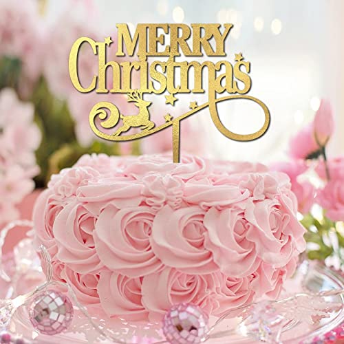 Tortenaufsatz mit Aufschrift "Merry Christmas", Aufschrift "Cheers to 5,135.9 cm, für Verlobung, Jahrestag, Dekoration, personalisierbar, Weihnachtsmannmütze, Hirsch, Holz, goldfarbener Glitzer Tortenaufsatz mit Aufschrift "Merry Christmas", Aufschrift "Cheers to 5,135.9 cm, für Verlobung, Jahrestag, Dekoration, personalisierbar, Weihnachtsmannmütze, Hirsch, Holz, goldfarbener Glitzer von CustonCares
