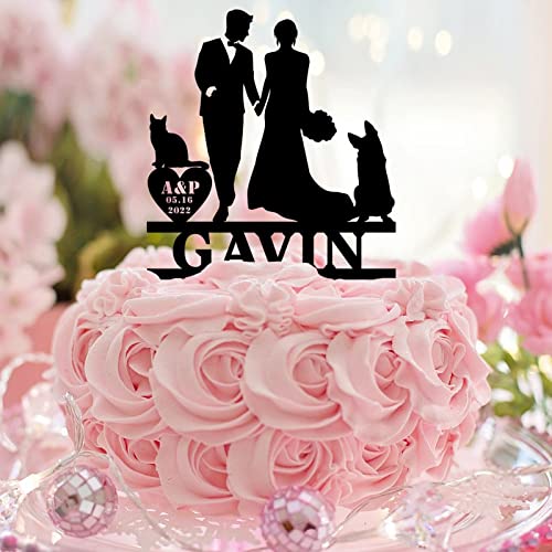Tortenaufsatz mit Aufschrift "Mr and Mrs", Silhouette mit Hund, Katze, "Mr & Mrs", personalisierbar, für Hochzeit, Verlobung, Hochzeit, Verlobung, Geschenk, Acryl, Schwarz von CustonCares