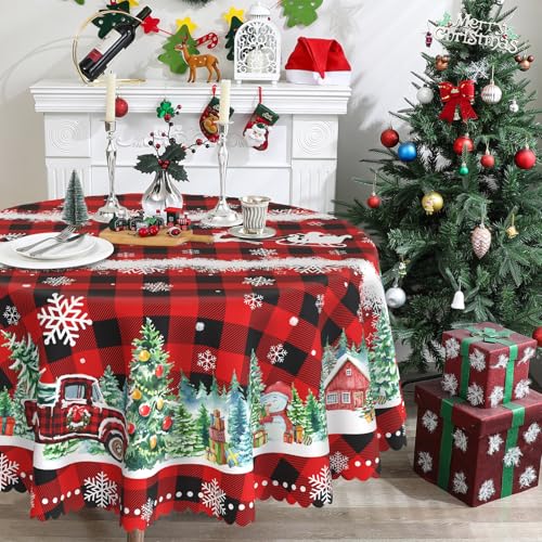 cusugbaso Runde Weihnachtstischdecke, 177,8 cm, Weihnachtsdekoration für Zuhause, wasserabweisende Weihnachtstischdecke, roter LKW, Weihnachten, Urlaub, Büffel, kariert, Weihnachtsdekoration für cusugbaso Runde Weihnachtstischdecke, 177,8 cm, Weihnachtsdekoration für Zuhause, wasserabweisende Weihnachtstischdecke, roter LKW, Weihnachten, Urlaub, Büffel, kariert, Weihnachtsdekoration für von cusugbaso