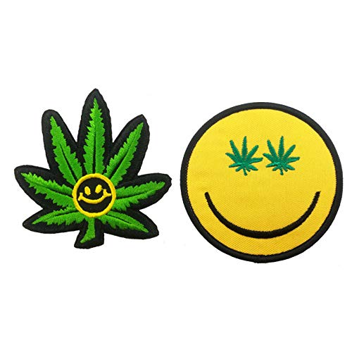 Cute-Patch Marihuana Pot Leaf Gras bestickter Aufnäher zum Aufbügeln und Aufnähen, lächelndes Gesicht von Cute-Patch
