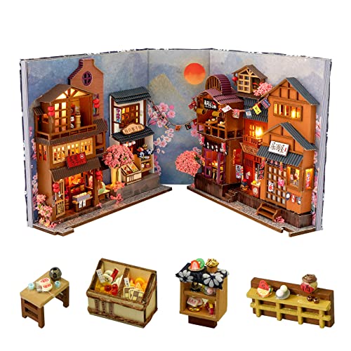 Cuteefun 3D Holz Puzzle, DIY Buchecke Modellbausatz, DIY Miniatur Puppenhaus Bausatz mit Möbeln, Modellbausätze für Erwachsene zum Bauen, Bauen Sie Ihr eigenes Bastelhaus Modell(Kirschblüten Gasse) von Cuteefun