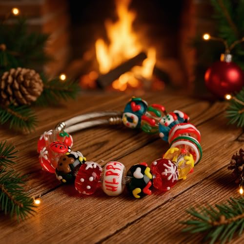 Weihnachtsperlen mit großem Loch, handgefertigt, Weihnachtsglasurperlen, rundes Feiertags-Design mit Weihnachtsmann, Bäumen, Schneemuster und so weiter für Schmuckherstellung, Basteln (verschiedene von Cutefox