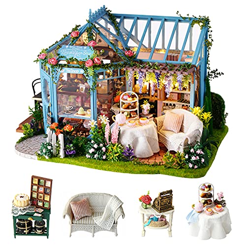 CUTEROOM DIY Mini Dollhouse Wooden Furniture Kit, Rosengarten Teehaus - handgemachte Hütte kleines Haus mit Spieluhr - zum Zusammenbau von Spielzeug Geburtstagsgeschenken von CUTEROOM