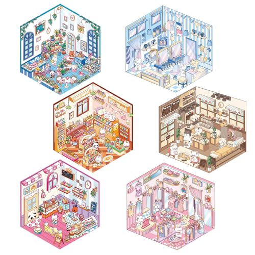 6 Sets DIY 3D Haus Aufkleber 3D-Aufkleber-Szene Machen Sie Ihre eigenen Aufkleber Lustige Cartoon Szene Aufkleber Kreative Szene Spaß Stacking mit Pinzette für Relief Stress Pass The Time (Farbe A) von CutitiUU