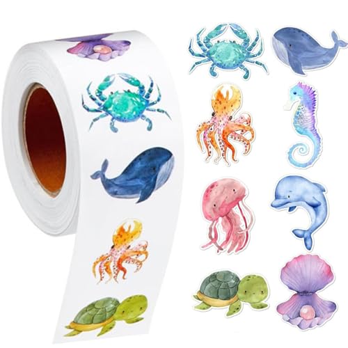 CutitiUU 500 pcs Tier Belohnungsaufkleber,Tiere Sticker Set,Animal Sticker Rolle Cartoon Tiere Belohnungsaufkleber Selbstklebend, Runde Tier Aufkleber,Tieraufkleber Belohnungsaufkleber (Meerestiere) von CutitiUU