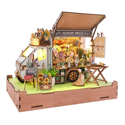 DIY Miniaturhaus Bausatz (Blumen Truck) Winzige Puppenhaus Bausätze für Erwachsene zum Bauen, Mini-Modellbausätze mit LED&Spieluhr, Holz Bastelpuzzles, Geschenke für Familie und Freunde von Cutywood