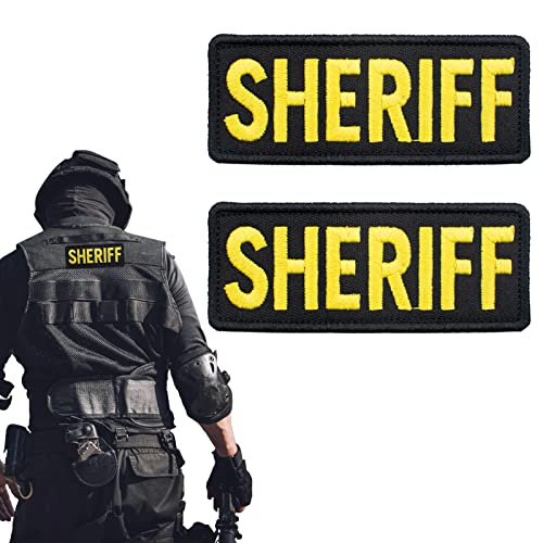 2 Pack SHERIFF Aufnäher gestickt Taktische kleine Polizei Patch Law Enforcement Abzeichen für Officer Guard Uniformen Weste Brust oder Schulter Schwarz und Gelb 10x4 cm von Cuyacili