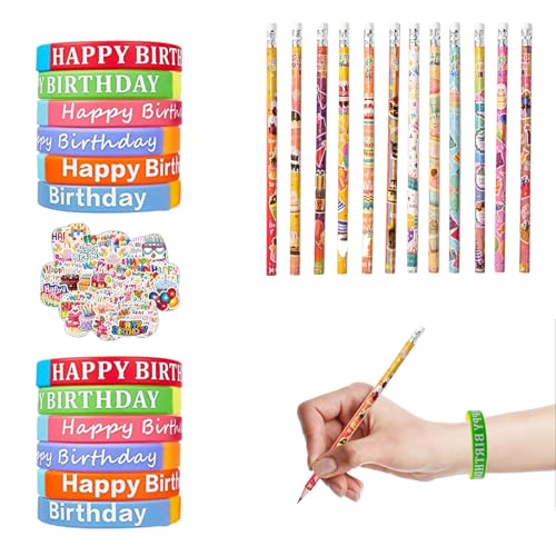 Cuyacili 100 Stück Motivationsarmbänder Kinder Happy Birthday Bleistifte Set Gummiarmbänder Silikonarmband Geburtstag Bleistift und Geburtstagsaufkleber für Kinder Schüler Lehrer von Cuyacili