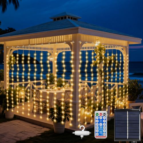 Cveenk Solar Lichtervorhang Aussen 3 x 3 m, 8 Modi 300LED Lichterkette vorhang Warmweiß, Wasserdicht Solar Wasserfall Lichter für Außen Pavillon Balkon Hochzeit Deko von Cveenk