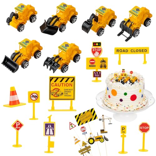 Bagger Geburtstag Deko 2 Jahre, 25 Stück Mini Bagger Kuchendeko Set mit Verkehrsschildern, Baustellenfahrzeuge Kinder, Tortendeko Baustelle für Kindergeburtstag und Kuchen Deko von CwiZex