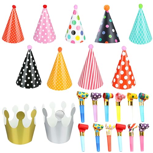 CwiZex Partyhüte, 23er-Set Geburtstagsparty-Set mit 2 Kronen, 9 Hüten und 12 Tröten, Geburtstagskrone Kinder, Partyhüte für Kuscheltiere, Geburtstagsdeko, Partyzubehör, Kindergeburtstag Deko von CwiZex