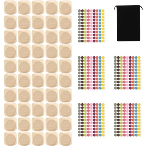 Holzwürfel, 56 Stück Würfel Groß für Brettspiele und Familienabende, Holz mit 5 Sets Aufklebern Blanko Würfel, 20 mm Größe, inklusive Aufbewahrungsbeutel von CwiZex