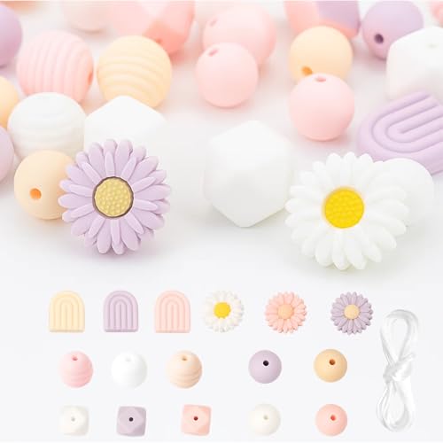 Silikonperlen Set, Große Perlen Zum Fädeln, 76 Stück DIY Bastelperlen Mit 5m Schnur, Schnullerkette Basteln Set, Silikon Perlen Für Kreative Projekte, Geschenkidee Für Handarbeit von CwiZex