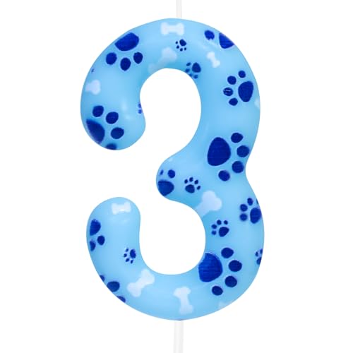 Cxryrzhe Kerze zum 3. Geburtstag, Hundepfote, Nummer 3, Kerze, Hundepfote, Kuchendekoration, Geburtstagsparty-Zubehör, blauer Hundepfotenabdruck, Themenkuchenaufsatz, Dekorationen für Kinder, Jungen, von Cxryrzhe