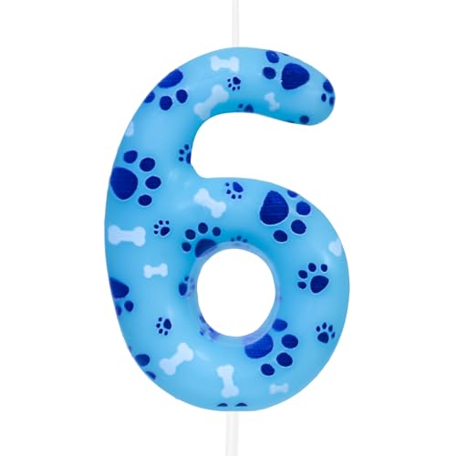 Cxryrzhe Kerze zum 6. Geburtstag, Hundepfote, Zahl 6, Kerze, Hundepfote, Kuchendekoration, Geburtstagsparty-Zubehör, blaue Hundepfotenabdruck-Themenkuchenaufsatz, Dekorationen für Kinder, Jungen, von Cxryrzhe