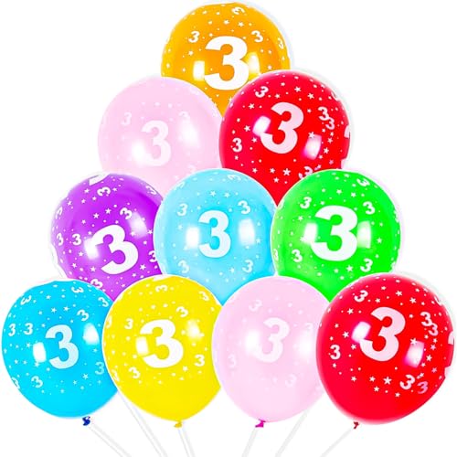 Cxryrzhe Luftballons zum 3. Geburtstag, 30,5 cm, mehrfarbig, bedruckt, Latex-Luftballons zum 3. Jahrestag, Partyzubehör, Nummer 3 Jahre, für Jungen, Mädchen, Party-Dekorationen, 10 Stück von Cxryrzhe