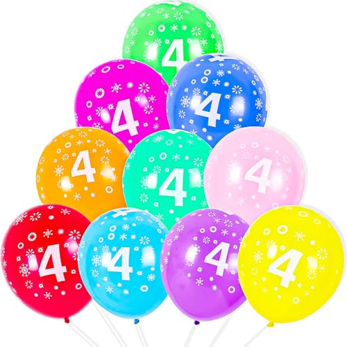 Cxryrzhe Luftballons zum 4. Geburtstag, 30,5 cm, mehrfarbig, bedruckt, Latex-Luftballons zum 4. Jahrestag, Partyzubehör, Nummer 4 Jahre, für Jungen, Mädchen, Party-Dekorationen, 10 Stück von Cxryrzhe