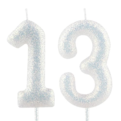 Geburtstagskerzen Nummer 13 weiß Glitter Geburtstag Kerze Kuchen Topper Dekorationen für Party-Feier-Dekor-Zubehör Geburtstagskerzen Nummer 13 weiß Glitter Geburtstag Kerze Kuchen Topper Dekorationen für Party-Feier-Dekor-Zubehör von Cxryrzhe