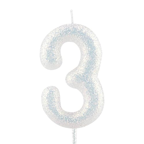 Geburtstagskerzen Nummer 3 weiß Glitter Geburtstag Kerze Kuchen Topper Dekorationen für Party-Feier-Dekor-Zubehör Geburtstagskerzen Nummer 3 weiß Glitter Geburtstag Kerze Kuchen Topper Dekorationen für Party-Feier-Dekor-Zubehör von Cxryrzhe