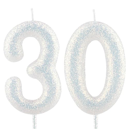 Geburtstagskerzen Nummer 30 weiß Glitter Geburtstag Kerze Kuchen Topper Dekorationen für Party-Feier-Dekor-Zubehör Geburtstagskerzen Nummer 30 weiß Glitter Geburtstag Kerze Kuchen Topper Dekorationen für Party-Feier-Dekor-Zubehör von Cxryrzhe